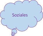 Hellblaue Sprechblase mit lila Schriftzug: Soziales